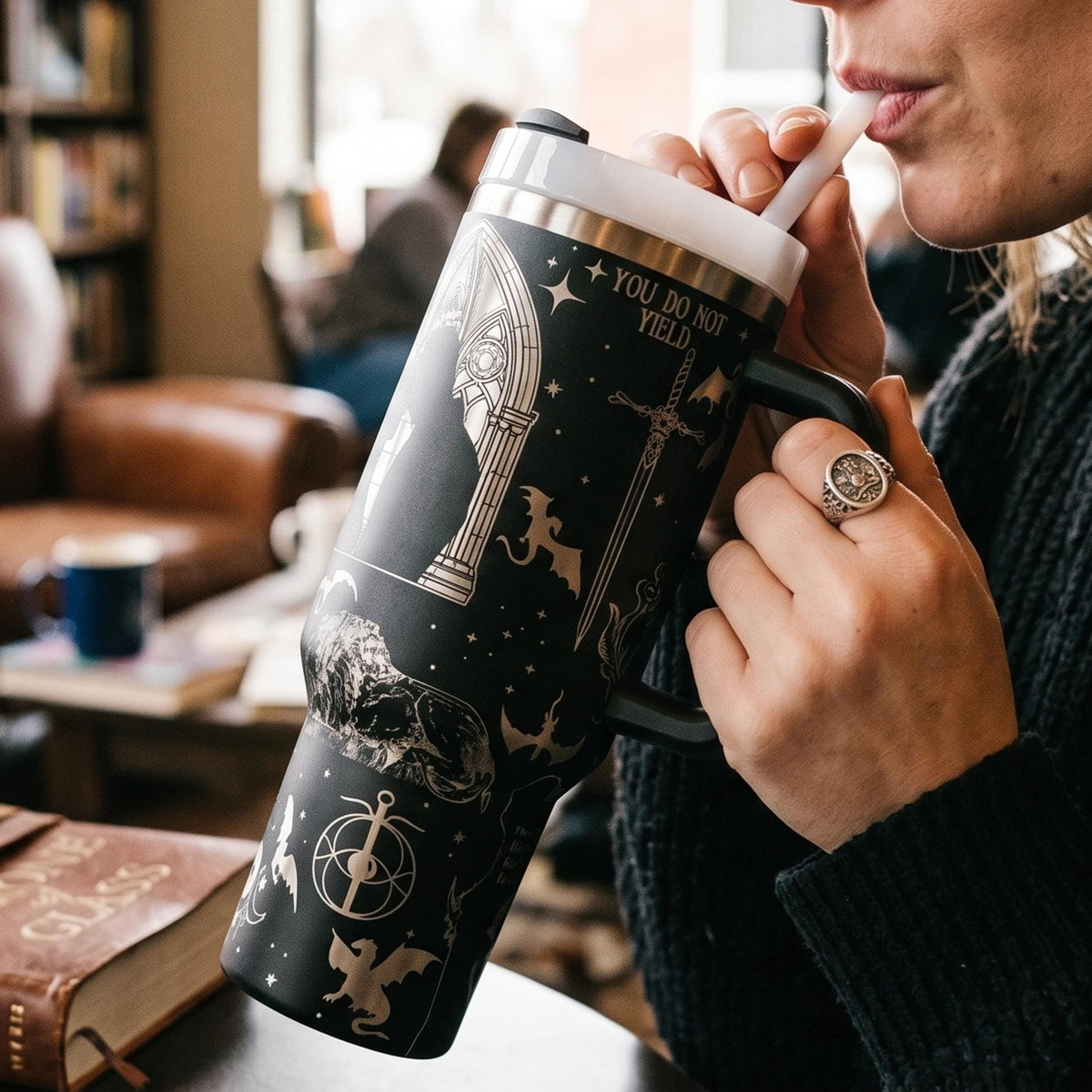 Insulated Reader Drinkware Fantasy Themed Travel Mug 40oz Capacity Stainless Steel Premium Construction Double Wall Technology Keeps Drinks Hot Cold Book Lover Gift Perfect Present Character Artwork Design Literary Quote Collection Reading