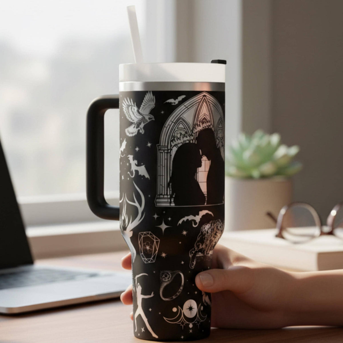 Travel Mug Insulated Fantasy Book Tumbler 40oz Stainless Steel Premium Construction Character Artwork Display Literary Quote Design Double Wall Technology Book Lover Gift Perfect Reader Companion Daily Use Essential Fandom Collection