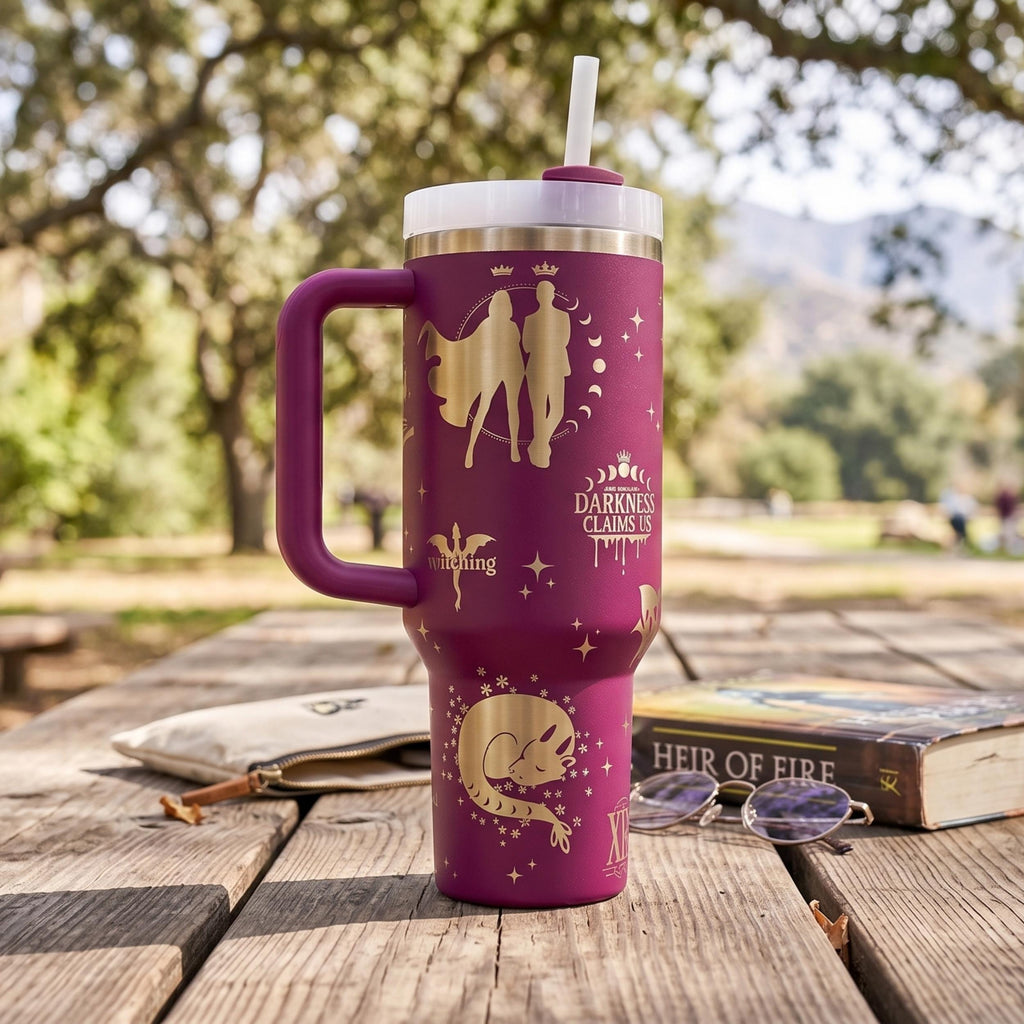 Literary Merchandise Fantasy Book Tumbler Insulated Drinkware Gift For Readers Character Themed Design Laser Engraved Details Large Capacity Beverage Holder Stainless Steel Construction Keeps Drinks Hot Cold Hours Perfect Reading Companion
