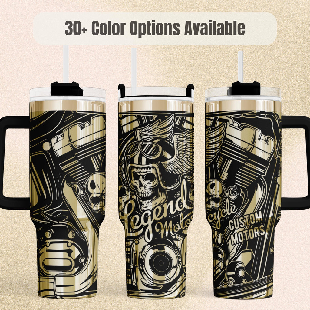 Motorcycle Tumbler Perfect Biker Gift Insulated Steel Construction 40oz Capacity Legend Motors Design Skull Graphics Vintage Tattoo Style Black Gold Aesthetic Custom Motorcycle Enthusiast Present Rider Drinkware Road Trip Essential Double