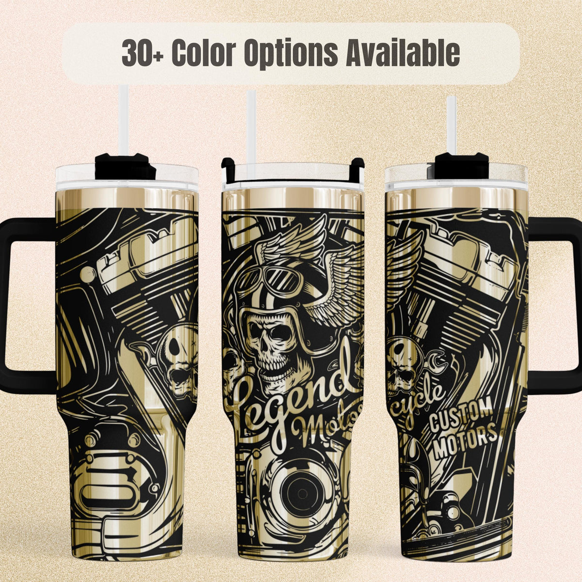 Motorcycle Tumbler Perfect Biker Gift Insulated Steel Construction 40oz Capacity Legend Motors Design Skull Graphics Vintage Tattoo Style Black Gold Aesthetic Custom Motorcycle Enthusiast Present Rider Drinkware Road Trip Essential Double