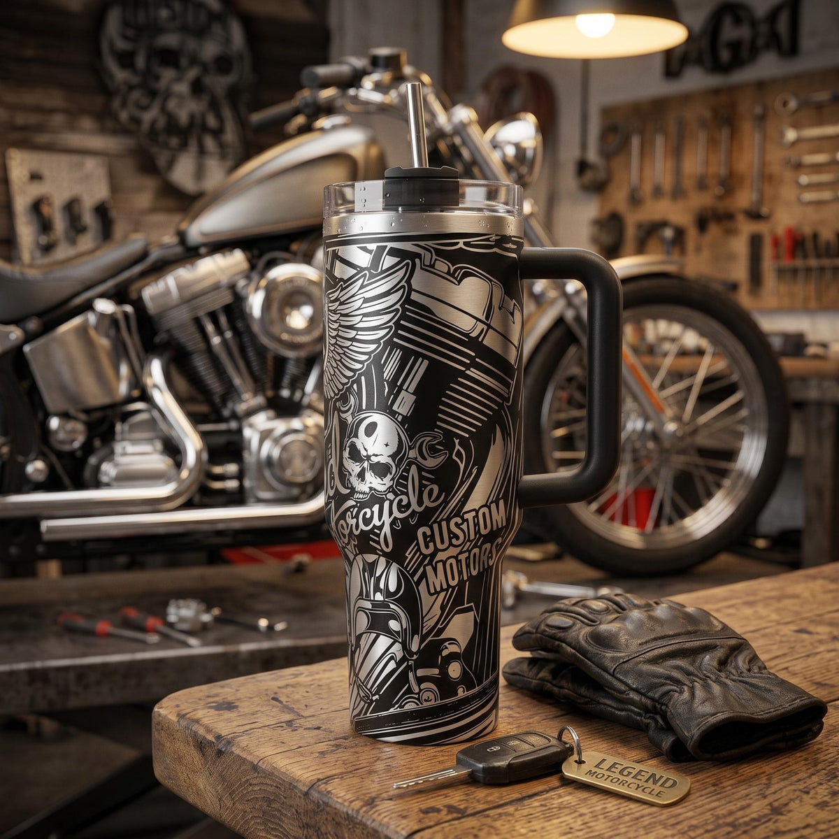 Insulated Steel Tumbler 40oz Capacity Motorcycle Rider Drinkware Double Wall Insulation Temperature Control Legend Motors Graphics Skull Design Vintage Style Perfect Biker Gift Custom Motorcycle Enthusiast Present Cup Holder Friendly Travel