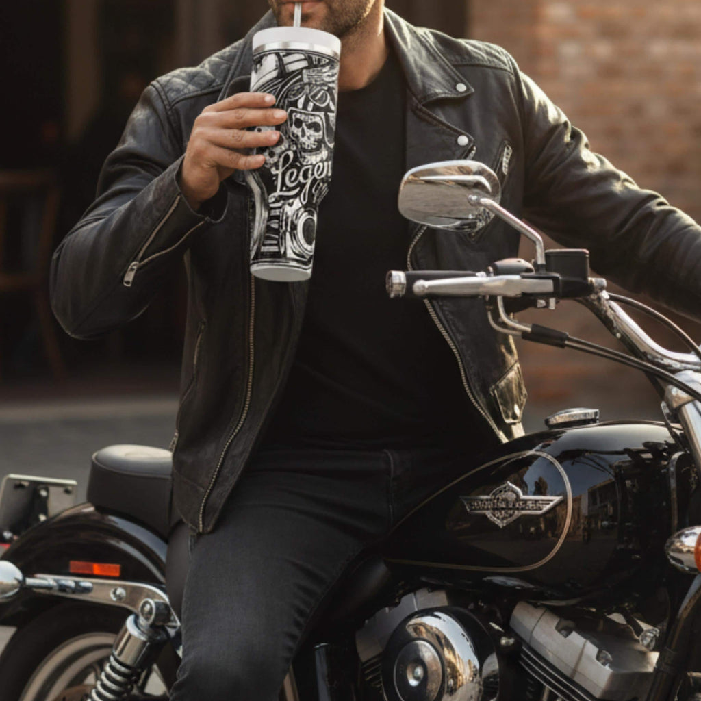 Legend Motors Motorcycle Tumbler Custom Bike Culture Drinkware Insulated Steel Construction 40oz Capacity Skull Graphics Vintage Tattoo Design Black Gold Aesthetic Perfect Biker Enthusiast Gift Rider Travel Mug Double Wall Insulation Cup