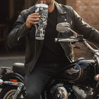 Legend Motors Motorcycle Tumbler Custom Bike Culture Drinkware Insulated Steel Construction 40oz Capacity Skull Graphics Vintage Tattoo Design Black Gold Aesthetic Perfect Biker Enthusiast Gift Rider Travel Mug Double Wall Insulation Cup