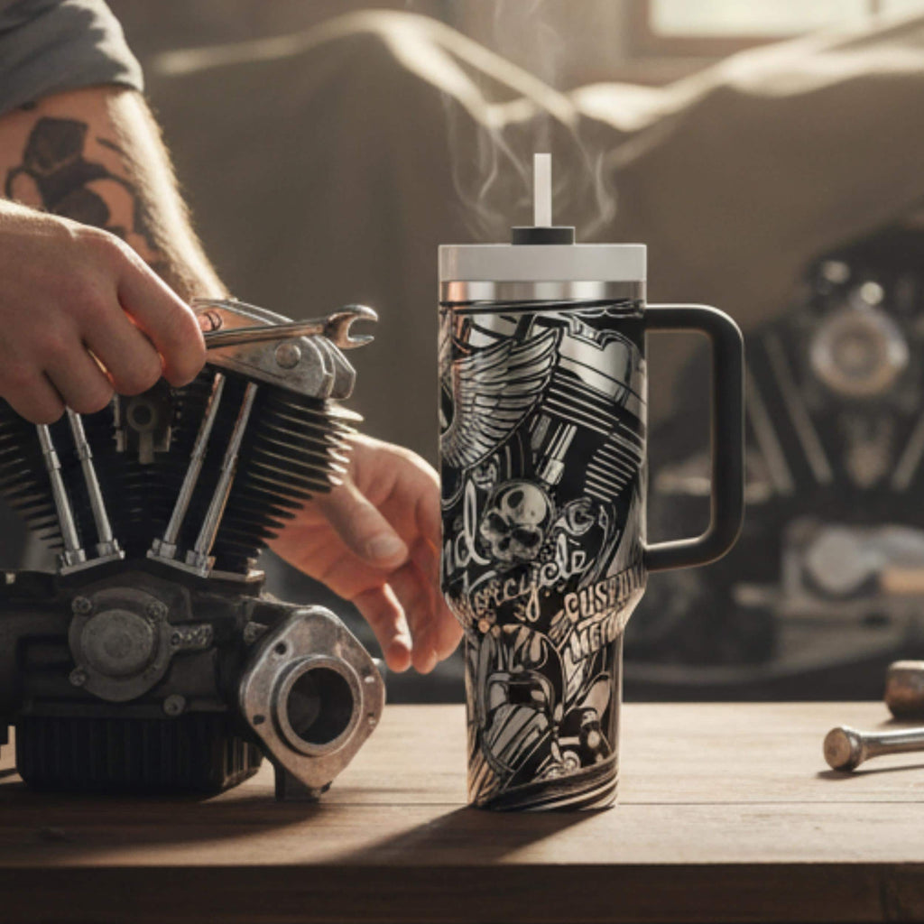 Premium Steel Drinkware Motorcycle Tumbler 40oz Insulated Construction Legend Motors Graphics Custom Bike Design Skull Vintage Tattoo Style Perfect Biker Gift Daily Rider Use Double Wall Insulation Temperature Control Cup Holder Friendly