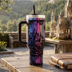 Insulated Travel Mug Fantasy Theme Castle Engraved Design 40oz Tumbler Stainless Steel Drinkware Perfect Gift Idea Medieval Elven City Artwork Double Wall Construction Keeps Beverages Cold Hot Daily Commuter Cup Gaming Session Essential