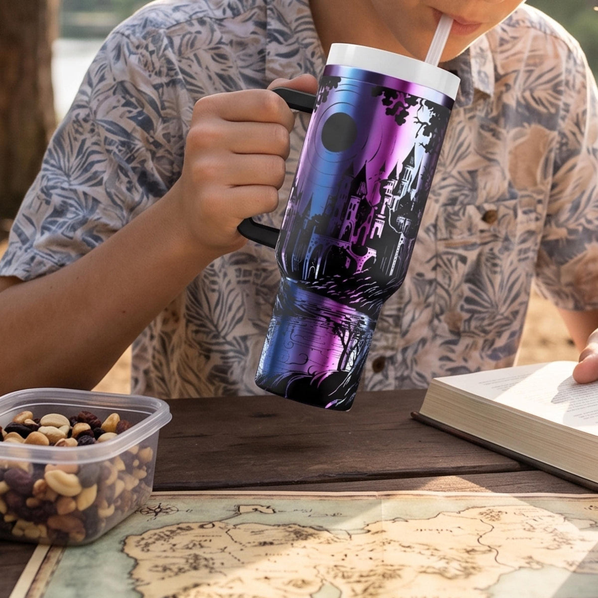 Castle Design Tumbler Laser Engraved Fantasy Artwork Insulated Drinkware 40oz Travel Mug Stainless Steel Construction Elven City Scene Medieval Theme Perfect Gift For Fantasy Enthusiasts Double Wall Insulation Daily Use Cup Commuter