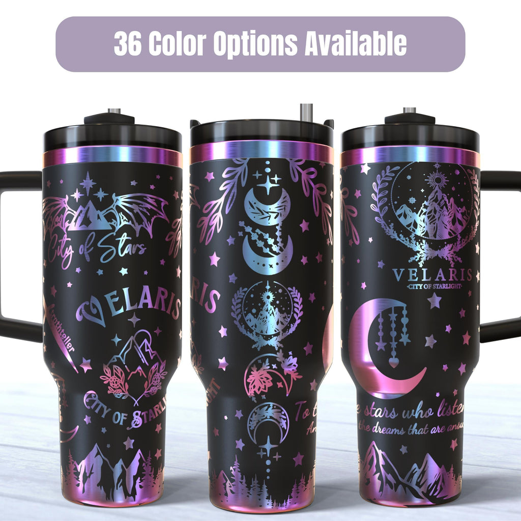 Fantasy Book Tumbler Insulated Stainless Steel 40 Oz Capacity Laser Engraved Celestial Design Holographic Finish Color Shifting Effect Perfect Gift For Book Readers Night Court Inspired Artwork Starlight Moon Mountain Imagery Temperature