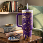 Laser Engraved Fantasy Tumbler Celestial Design Holographic Finish Iridescent Color Shifting Effect 40 Oz Insulated Stainless Steel Construction Starlight Moon Mountain Artwork Perfect Book Reader Gift Temperature Retention Drinkware Hot