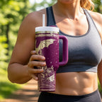 Fantasy Drinkware Dragon Tumbler 40oz Stainless Steel Insulated Double Wall Construction Castle Artwork Burgundy Background With Handle Starry Night Design Perfect Gift For Dragon Lovers Book Readers Medieval Romantic Theme Travel Mug Keeps