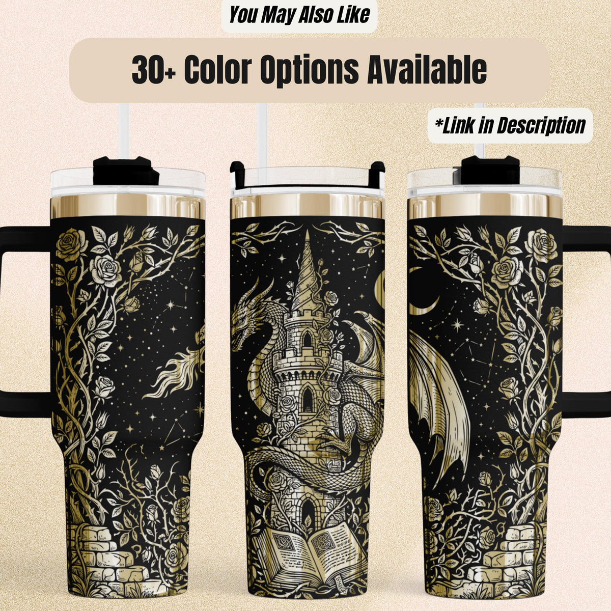 Dragon Tumbler – 40oz Insulated with Handle Fantasy Castle Design
