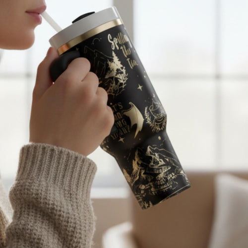 Insulated Stainless Steel Tumbler Laser Engraved Fantasy Literature Design Forty Ounce Thermal Bottle For Book Lovers Double Wall Vacuum Technology Maintains Temperature Romance Novel Reader Gift Bookish Merchandise Featuring Celestial