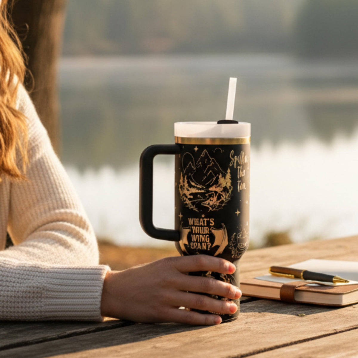 Forty Ounce Insulated Tumbler Fantasy Literature Fan Gift Laser Engraved Stainless Steel Thermal Bottle Double Wall Vacuum Construction Bookish Reader Merchandise Starlight Mountain Design Romance Novel Lover Drinkware Keeps Beverages Hot