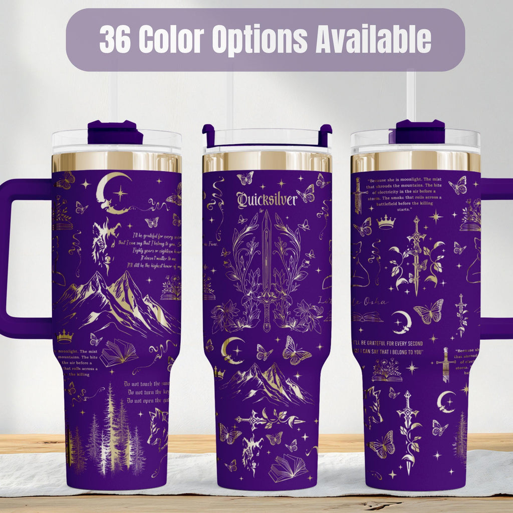 Fantasy Book Tumbler Insulated Stainless Steel Reader Gift Butterfly Moon Sword Design Romantasy Themed Drinkware Book Lover Merchandise Double Wall Insulation Temperature Control Hot Cold Beverages Literary Inspired Travel Tumbler Bookish