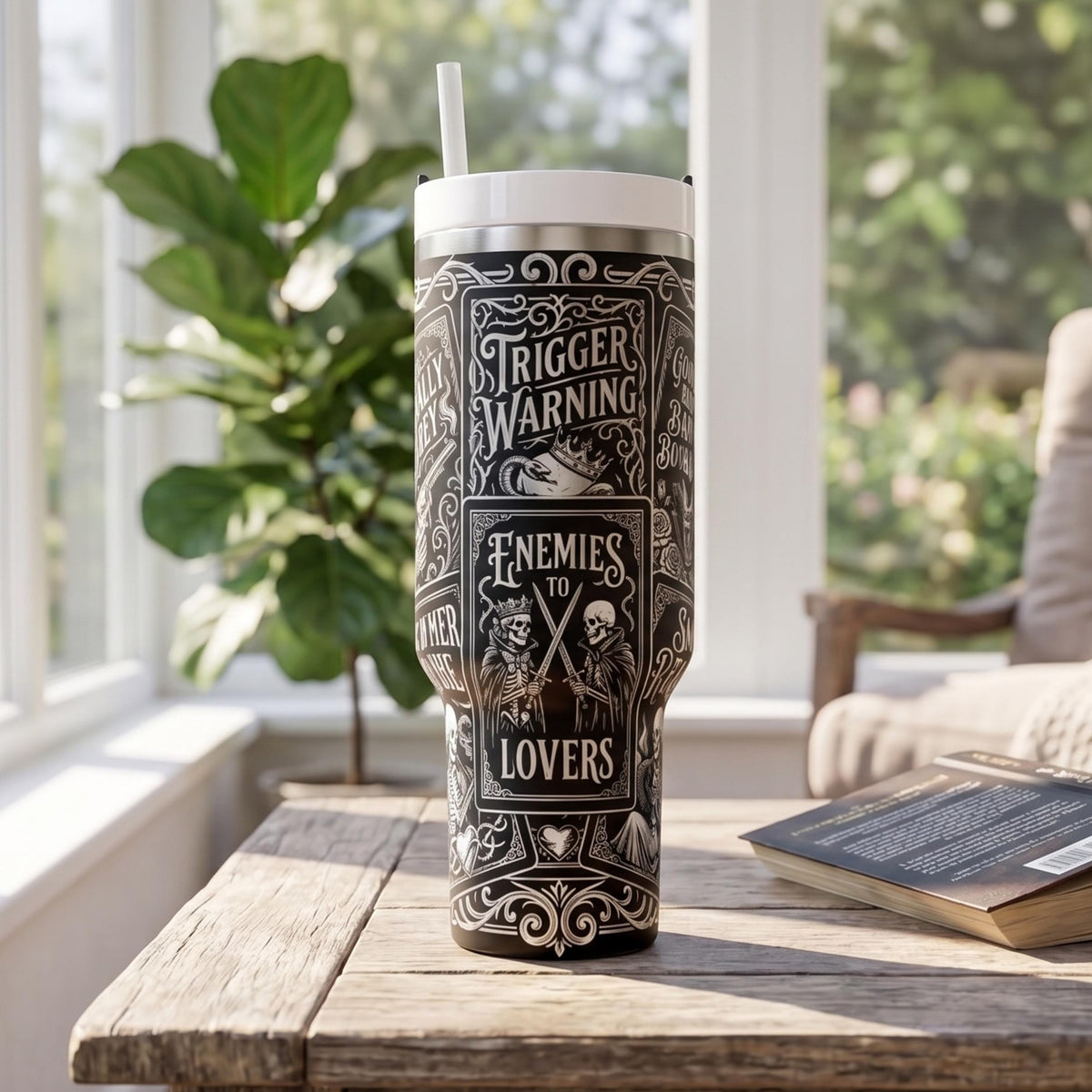 Literary Lifestyle Tumbler Book Lover Essential Drinkware 40oz Insulated Stainless Steel Cup Daily Reading Companion Gothic Design Romance Themed Perfect Gift For Bibliophile Double Wall Vacuum Technology Temperature Control Secure Lid