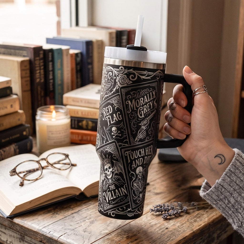 Insulated Reading Tumbler 40oz Stainless Steel Construction Double Wall Vacuum Technology Maintains Temperature For Hours Gothic Book Design Perfect Literary Drinkware Romance Reader Essential Cup Secure Flip Top Lid Durable Quality Gift