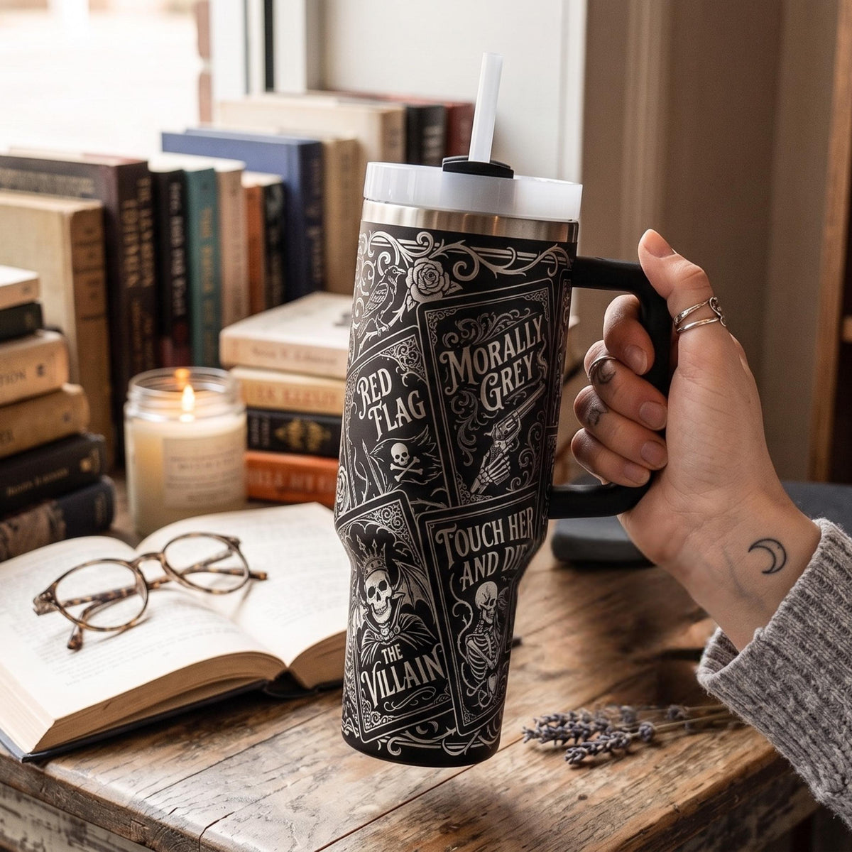 Insulated Reading Tumbler 40oz Stainless Steel Construction Double Wall Vacuum Technology Maintains Temperature For Hours Gothic Book Design Perfect Literary Drinkware Romance Reader Essential Cup Secure Flip Top Lid Durable Quality Gift