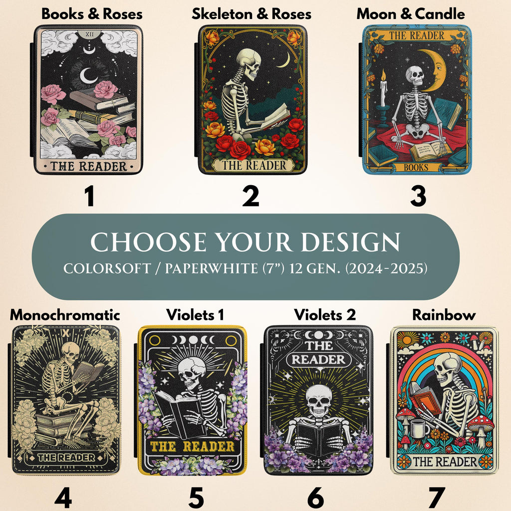 Skeleton Tarot Kindle Cover Gothic Reader Case Paperwhite Protection Dark Academia Aesthetic Witchy Book Lover Gift Mystical Skeleton Design Magnetic Lid Secure Closure PU Leather Construction Bookish Accessory Gothic Literature Theme