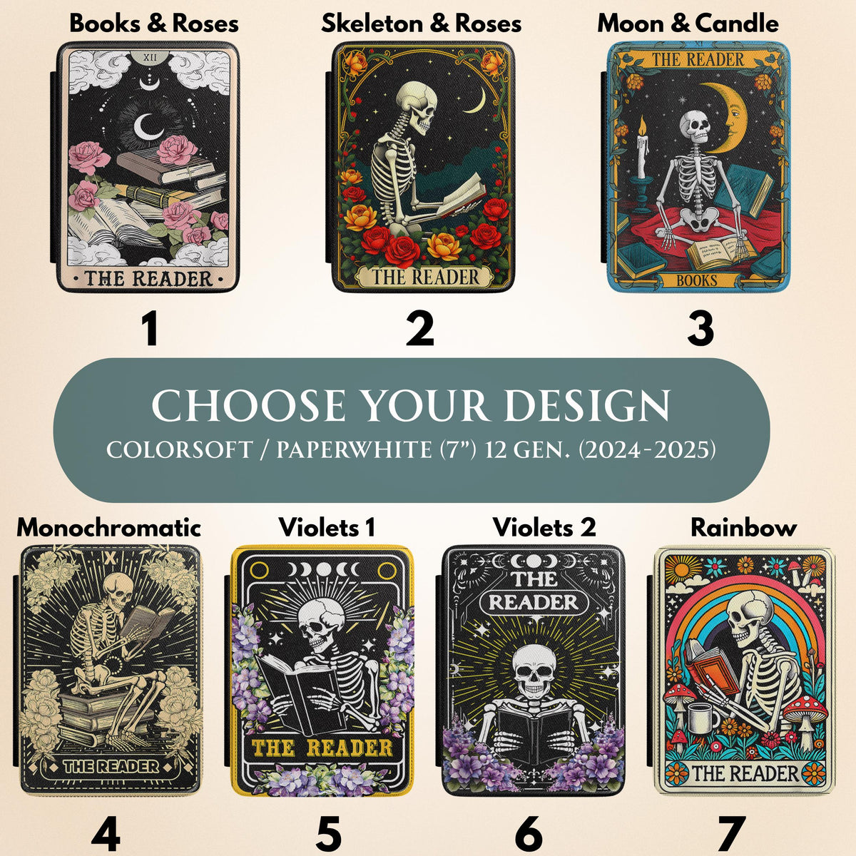 Skeleton Tarot Kindle Cover Gothic Reader Case Paperwhite Protection Dark Academia Aesthetic Witchy Book Lover Gift Mystical Skeleton Design Magnetic Lid Secure Closure PU Leather Construction Bookish Accessory Gothic Literature Theme
