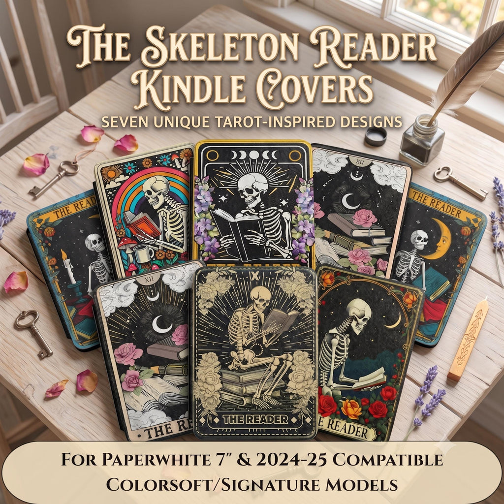 Gothic Kindle Case Skeleton Tarot Design Paperwhite Seven Inch Reader Protection Dark Academia Book Lover Gift Witchy Reading Aesthetic Mystical Skeleton Reader Art Magnetic Closure Hand Strap Secure Fit PU Leather Cover Bookish Gift For