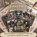 Gothic Kindle Case Skeleton Tarot Design Paperwhite Seven Inch Reader Protection Dark Academia Book Lover Gift Witchy Reading Aesthetic Mystical Skeleton Reader Art Magnetic Closure Hand Strap Secure Fit PU Leather Cover Bookish Gift For