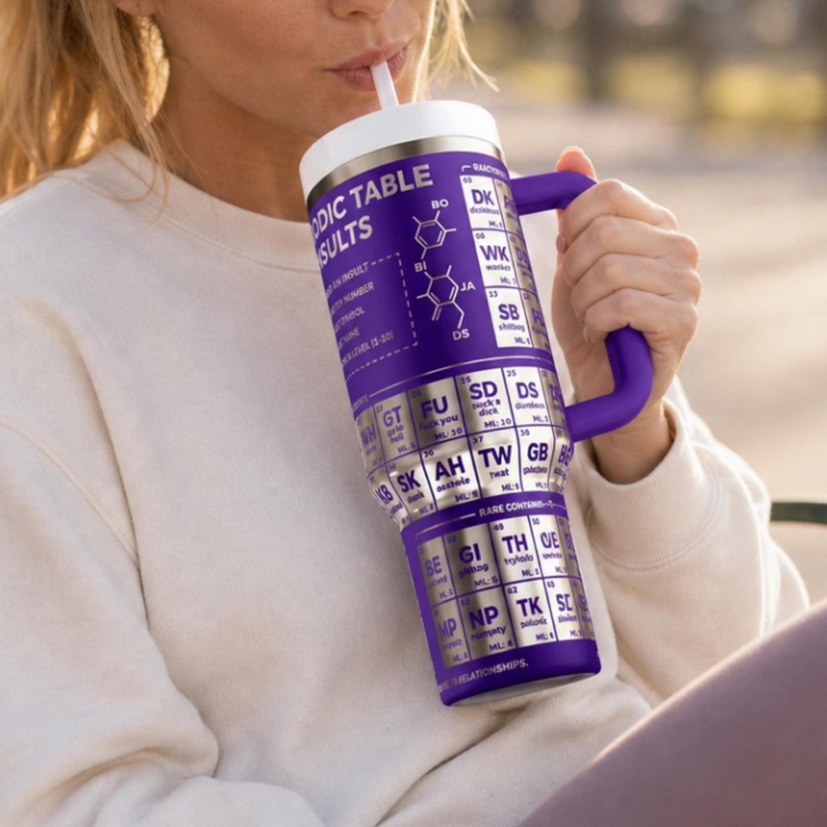 Periodic Table Tumbler Science Themed Novelty Drinkware Chemistry Enthusiast Gift 40 Oz Capacity Insulated Stainless Steel Double Wall Construction Thermal Cold Retention Reusable Travel Water Bottle Large Beverage Container Daily Hydration