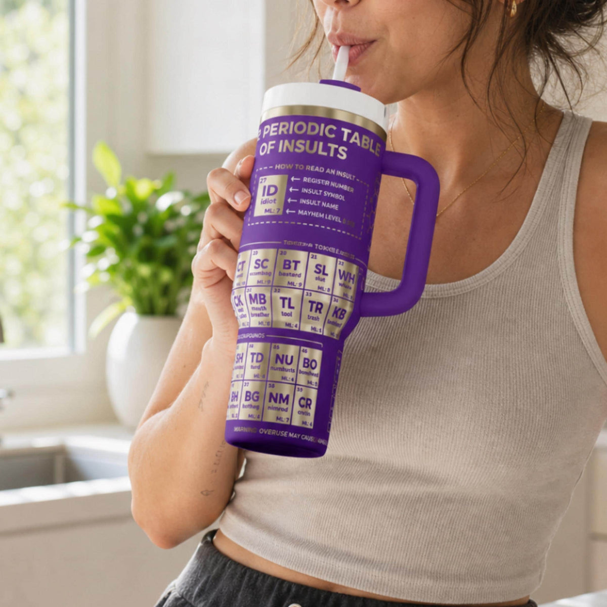 Travel Water Bottle 40 Oz Insulated Tumbler Reusable Beverage Container Stainless Steel Double Wall Construction Thermal Cold Retention Science Themed Periodic Table Design Novelty Gift Drinkware Chemistry Teacher Present Birthday Gag Gift