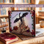 Personalized Dragon MacBook Case Custom Name Fantasy Laptop Protection Matte Finish Gothic Castle Design Rose Border Spellbook Artwork Book Lover Gift Writer Accessories Literary Theme Enchanted Dragon Silhouette Mystical Laptop Cover