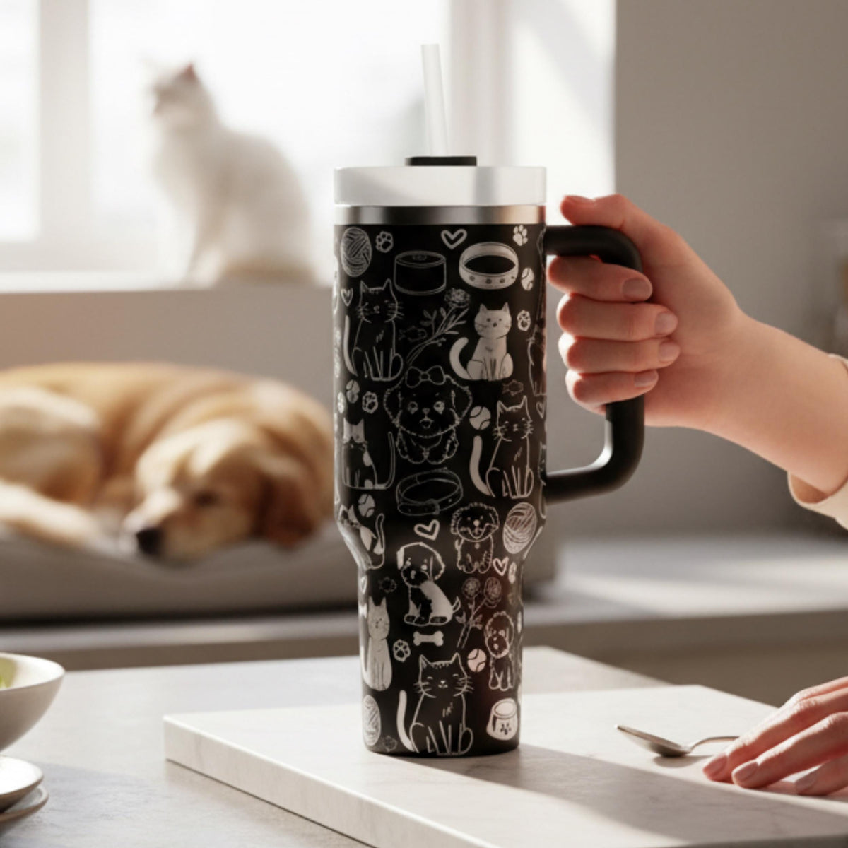 Custom Pet Tumbler Vet Tech Appreciation Gift Cat Dog Pattern Insulated Travel Mug Stainless Steel Drinkware Animal Enthusiast Present Veterinary Professional Gift Idea Double Wall Insulation Technology Cold Drink Container Hot Coffee Mug
