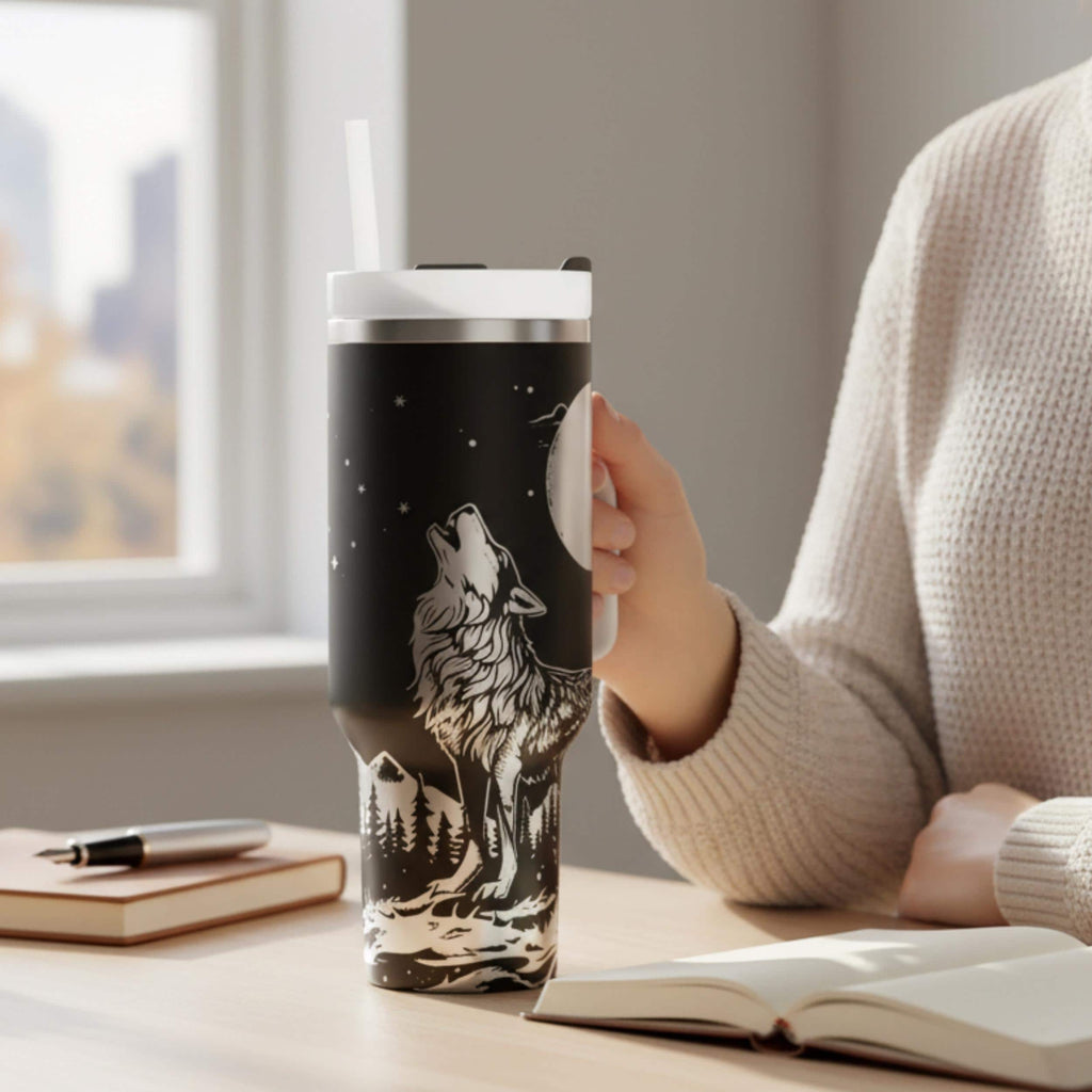 Wildlife Enthusiast Gift Wolf Design Tumbler 40oz Insulated Travel Mug Wilderness Forest Theme Howling Wolf Moon Stars Scenery Stainless Steel Double Wall Construction Outdoor Adventure Drinkware Camping Essential Nature Lover Present Large