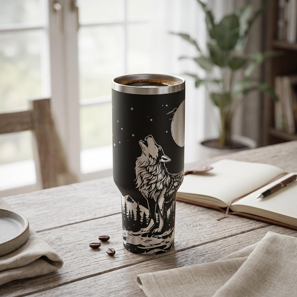 Camping Gear Essential Wolf Wilderness Tumbler 40oz Insulated Drinkware Stainless Steel Double Wall Construction Outdoor Adventure Travel Mug Nature Inspired Forest Design Howling Wolf Artwork Perfect Gift Wildlife Enthusiast Large Capacity