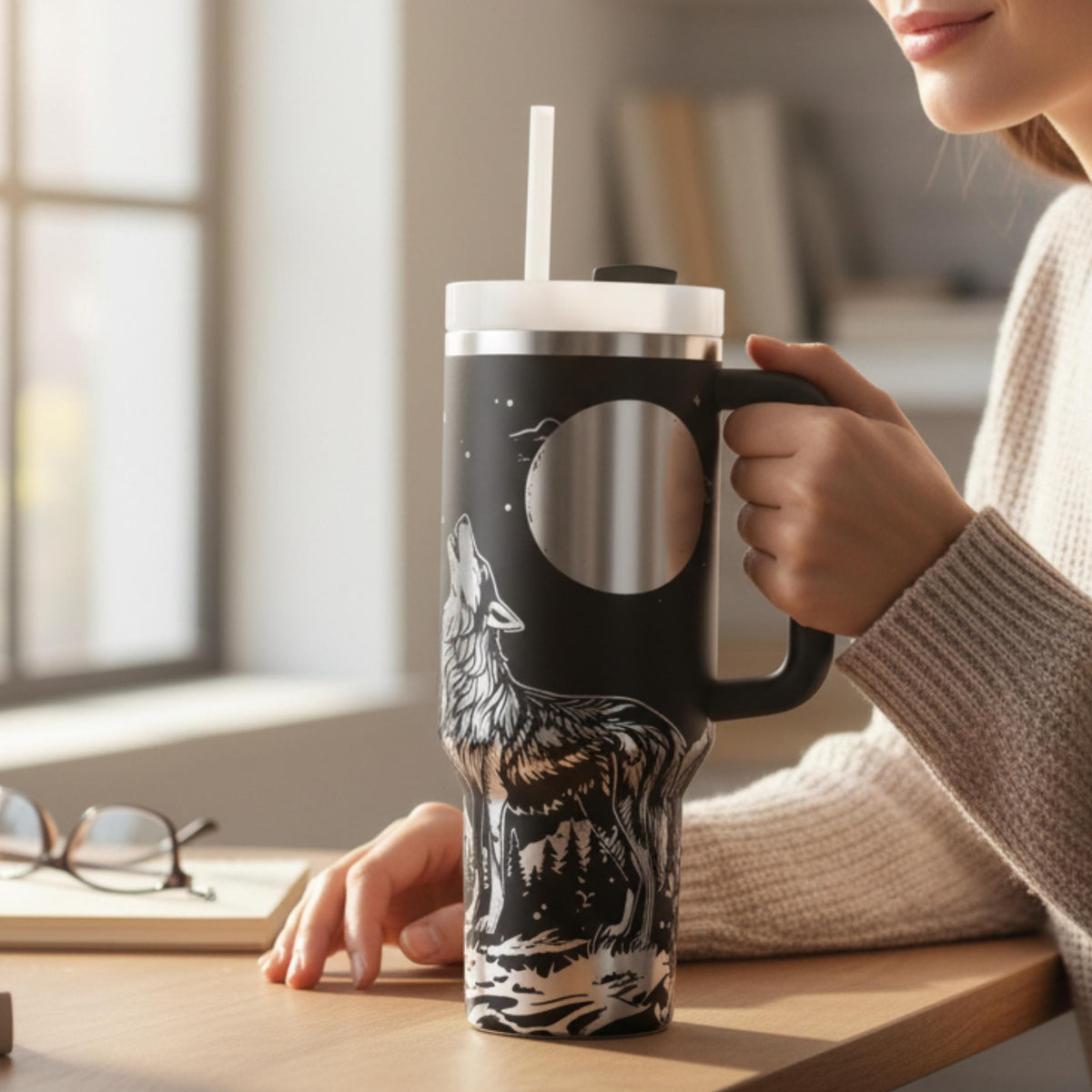 Insulated Tumbler Wolf Wilderness Design 40oz Stainless Steel Construction Double Wall Insulation Technology Outdoor Adventure Drinkware Camping Gear Essential Nature Inspired Artwork Forest Theme Howling Wolf Scenery Large Capacity Travel