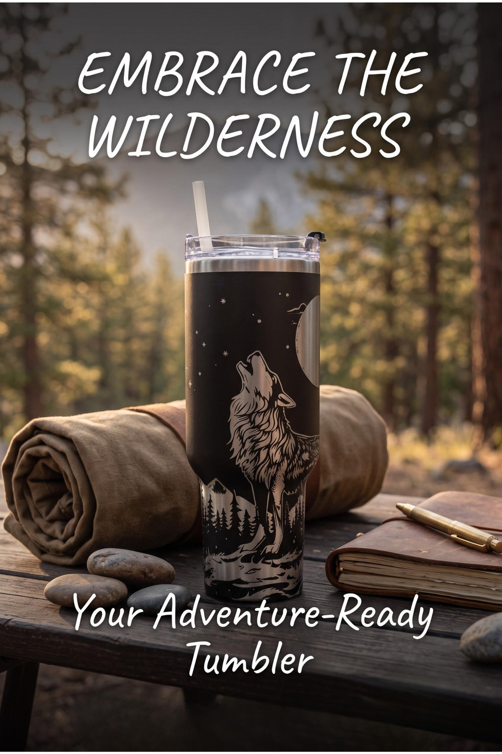 Wolf Tumbler – 40oz Insulated Double Wall Forest Wilderness Design