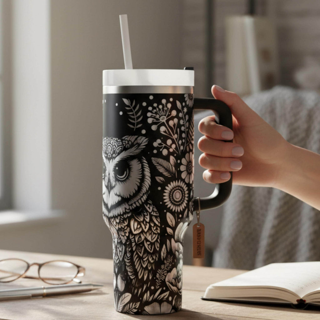 Insulated Stainless Steel Travel Mug Laser Engraved Owl Design 40 Ounce Capacity Double Wall Vacuum Sealed Temperature Retention Drinkware Outdoor Adventure Companion Bird Watching Expedition Essential Botanical Floral Artwork Nature