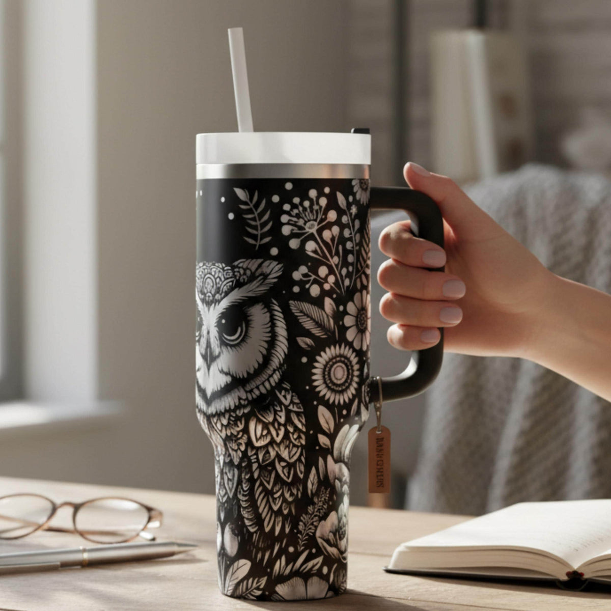 Insulated Stainless Steel Travel Mug Laser Engraved Owl Design 40 Ounce Capacity Double Wall Vacuum Sealed Temperature Retention Drinkware Outdoor Adventure Companion Bird Watching Expedition Essential Botanical Floral Artwork Nature