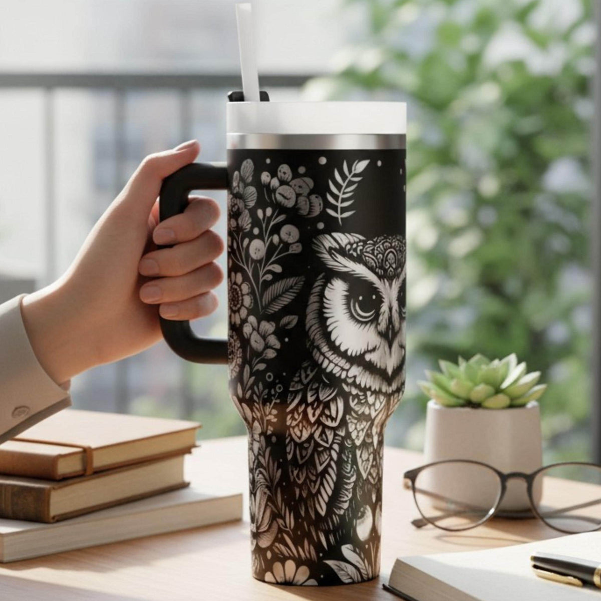 40 Ounce Stainless Steel Travel Companion Laser Engraved Owl Tumbler Insulated Drinkware Double Wall Vacuum Sealed Temperature Retention Cup Botanical Floral Wildlife Design Nature Inspired Artwork Bird Watcher Gift Outdoor Adventure
