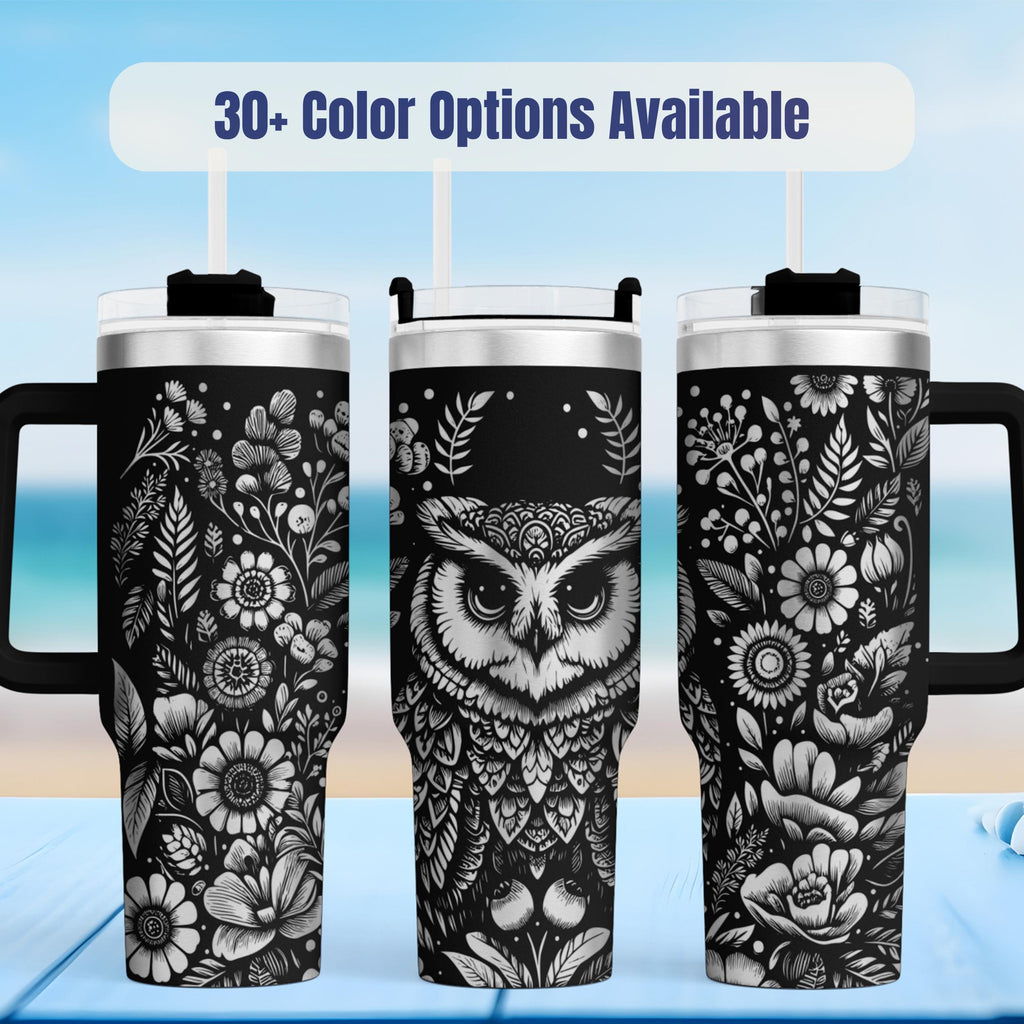 Owl Tumbler Insulated Stainless Steel Travel Mug Perfect Gift For Bird Watcher Nature Lover Laser Engraved Wildlife Design 40oz Capacity Handle Drinkware Outdoor Adventure Camping Gear Coffee Tea Lover Present Botanical Pattern Floral Art
