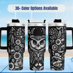 Owl Tumbler Insulated Stainless Steel Travel Mug Perfect Gift For Bird Watcher Nature Lover Laser Engraved Wildlife Design 40oz Capacity Handle Drinkware Outdoor Adventure Camping Gear Coffee Tea Lover Present Botanical Pattern Floral Art