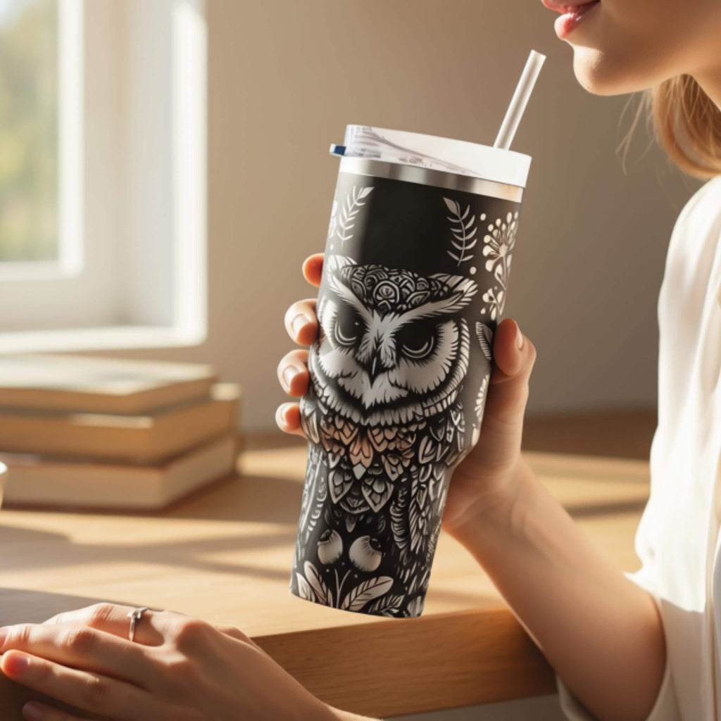40oz Owl Tumbler Travel Mug Insulated Stainless Steel Drinkware Laser Engraved Wildlife Design Nature Lover Gift Botanical Floral Pattern Handle Cup Outdoor Adventure Camping Essential Temperature Control Coffee Tea Container Bird Watcher