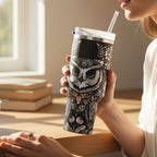 40oz Owl Tumbler Travel Mug Insulated Stainless Steel Drinkware Laser Engraved Wildlife Design Nature Lover Gift Botanical Floral Pattern Handle Cup Outdoor Adventure Camping Essential Temperature Control Coffee Tea Container Bird Watcher