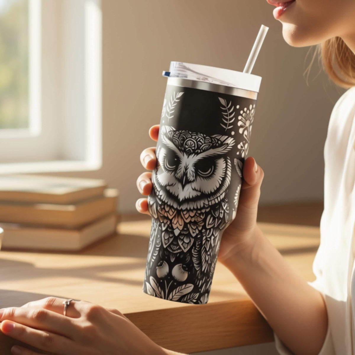 40oz Owl Tumbler Travel Mug Insulated Stainless Steel Drinkware Laser Engraved Wildlife Design Nature Lover Gift Botanical Floral Pattern Handle Cup Outdoor Adventure Camping Essential Temperature Control Coffee Tea Container Bird Watcher