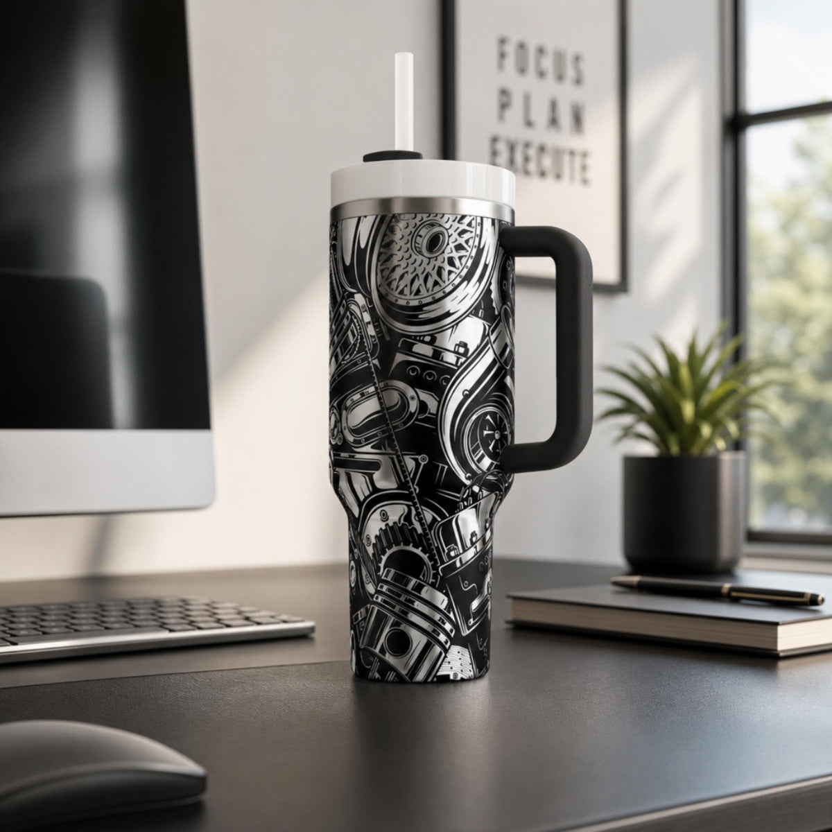 Automotive Insulated Tumbler 40oz Stainless Steel Construction Double Wall Insulation Keeps Beverages Hot Cold Hours Workshop Drinkware Laser Engraved Hot Rod Graphics Car Parts Design Mechanic Gift Present Garage Essential Daily Use Travel