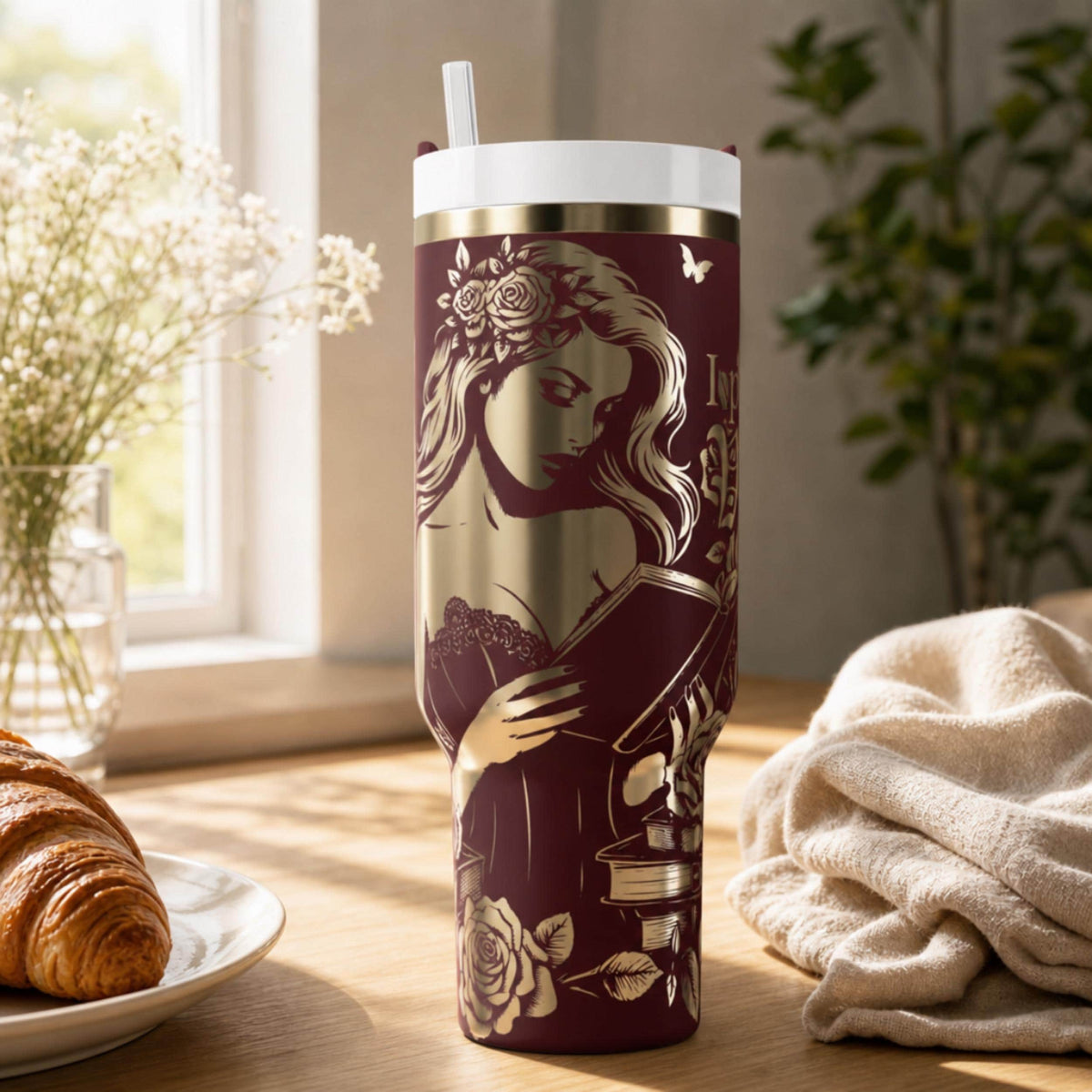 Insulated Stainless Steel Tumbler 40oz Capacity Gothic Design Black Rose Butterfly Illustration Woman Reading Book Theme Villain Romance Reader Gift BookTok Merchandise Dark Romance Fan Essential Temperature Control Beverage Container