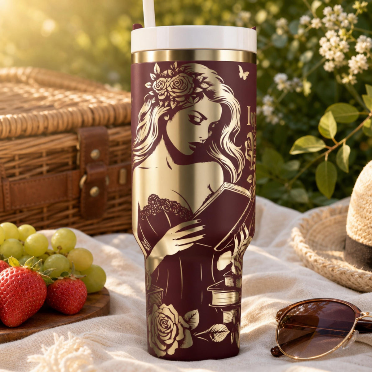 Reader Gift Essential 40oz Insulated Tumbler Stainless Steel Construction Gothic Black Rose Butterfly Design Woman Reading Book Illustration Villain Romance Theme BookTok Merchandise Perfect Book Lover Present Temperature Control Beverage
