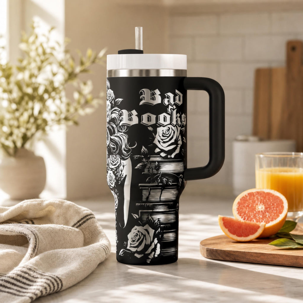 Premium Gothic Drinkware Book Lover Tumbler Insulated Stainless Steel Design Dark Romance Reader Essential Forty Ounce Double Walled Capacity Fantasy Enthusiast Gift Romantasy Themed Vessel Temperature Control Technology Leak Resistant