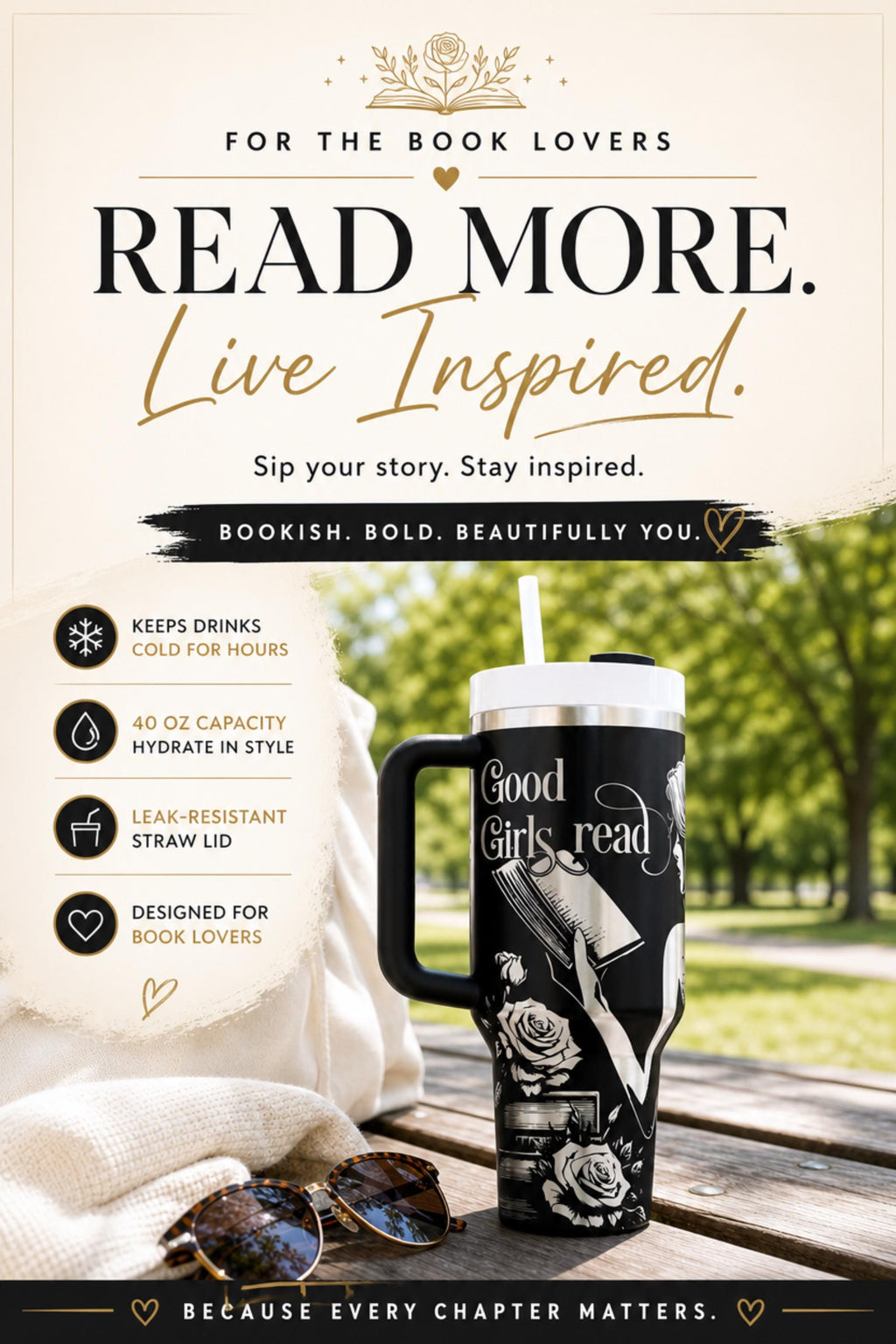 Gothic Book Tumbler – 40oz Insulated Dark Romance Reader Gift