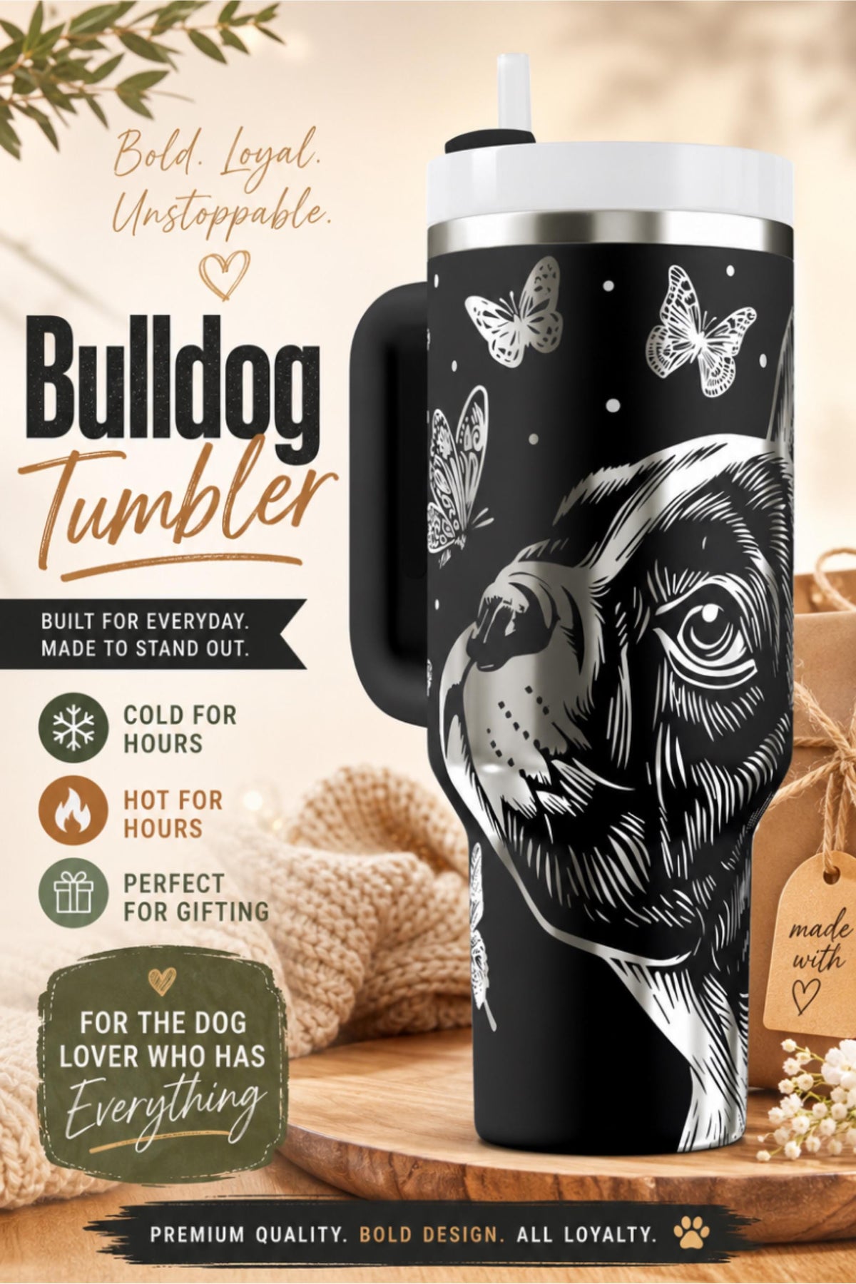 Bulldog Tumbler – 40oz Insulated Stainless Steel Dog Mom Birthday Gift