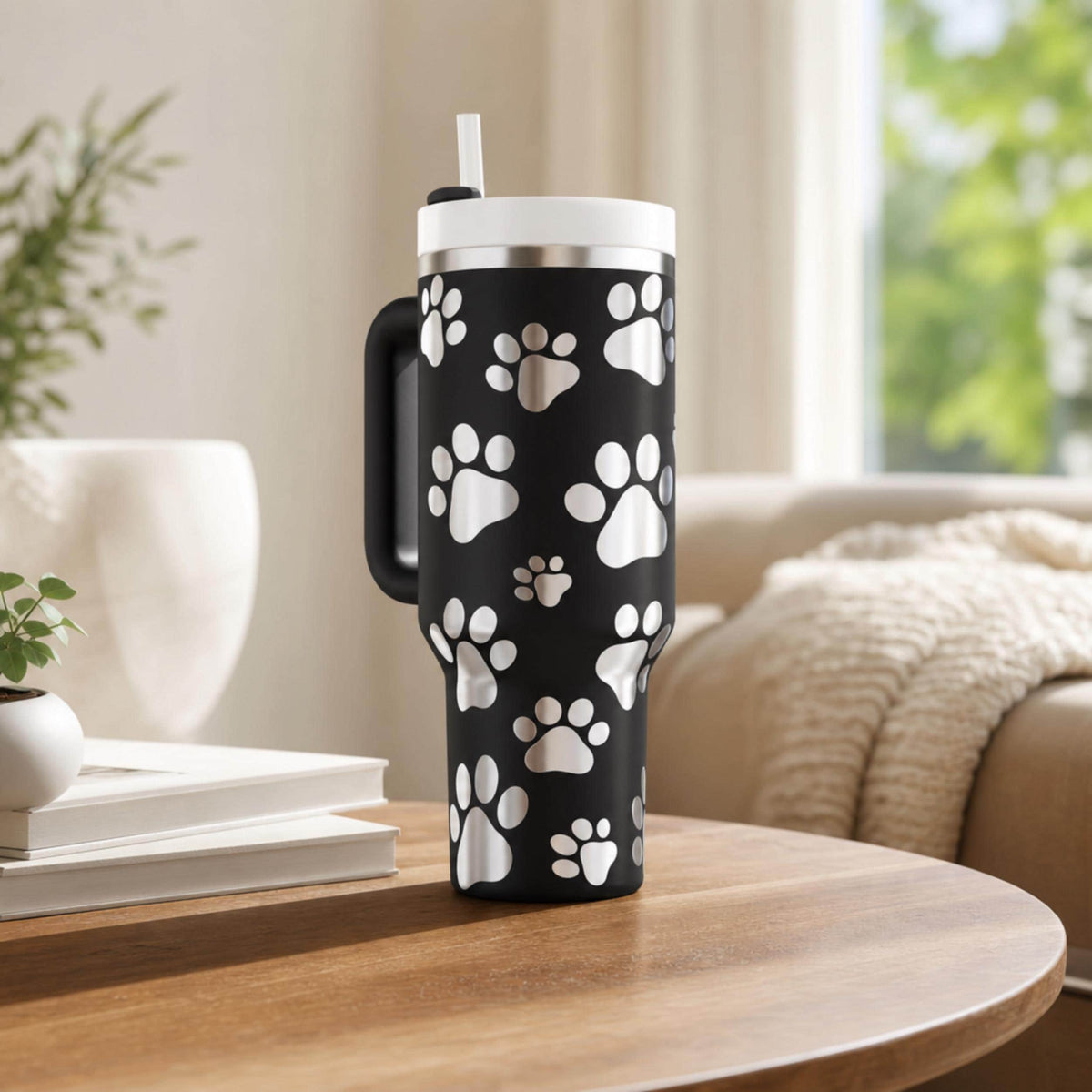 Paw Print Tumbler With Handle Stainless Steel Construction 40oz Travel Companion Dog Lover Drinkware Double Wall Insulated Cup Hot Cold Beverage Container Pet Owner Gift Idea Vehicle Cup Holder Compatible Outdoor Adventure Essential Animal