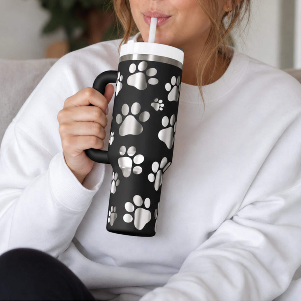 40oz Insulated Tumbler Stainless Steel Dog Paw Design Double Wall Construction Hot Cold Beverage Keeper Pet Lover Gift With Handle Travel Drinkware Animal Enthusiast Present Cup Holder Friendly Outdoor Activity Companion Dog Mom Birthday