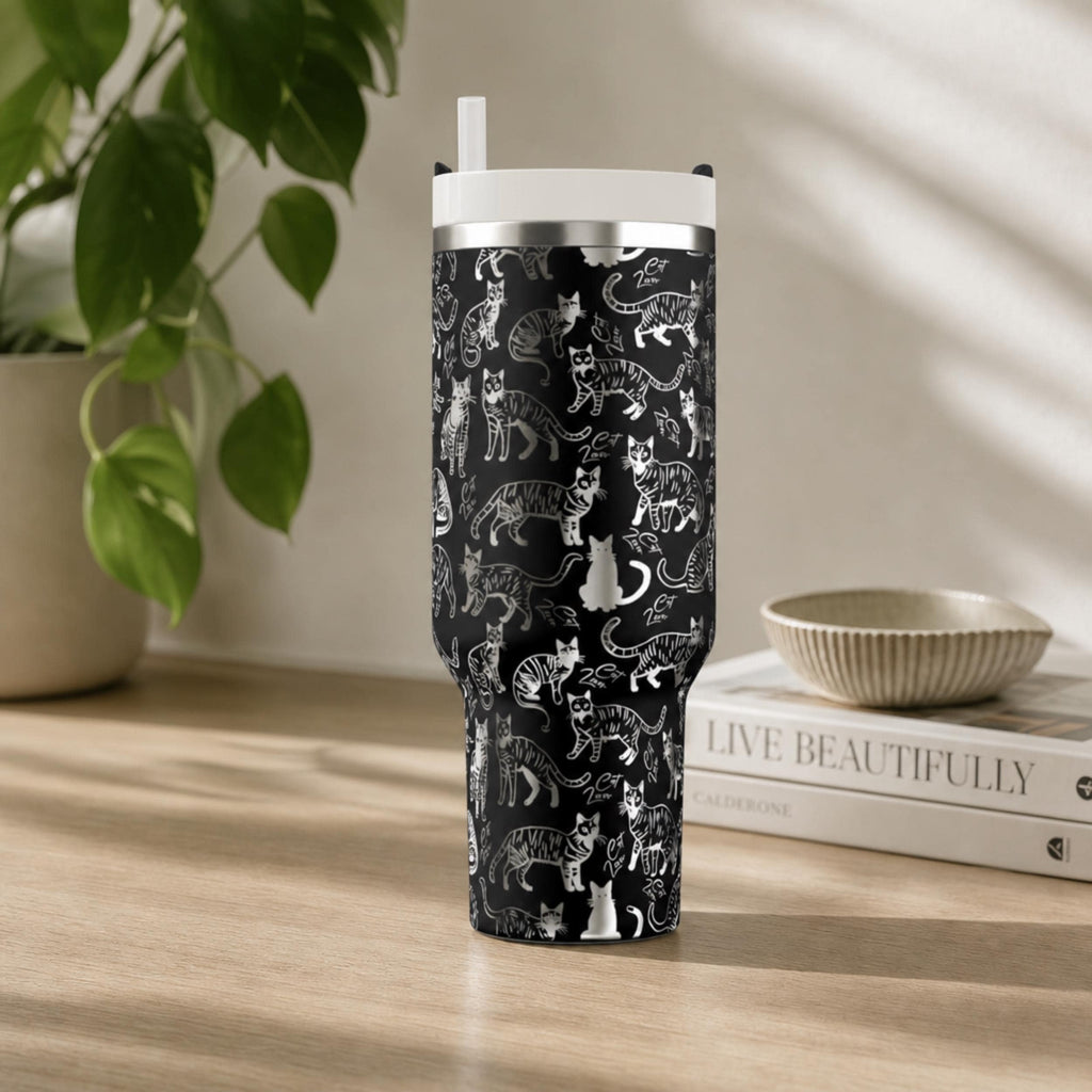 40oz Cat Pattern Tumbler With Ergonomic Handle Insulated Stainless Steel Travel Mug Black White Feline Design Double Wall Construction Hot Cold Beverage Storage Cat Lover Gift Pet Enthusiast Drinkware Large Capacity Hydration Container